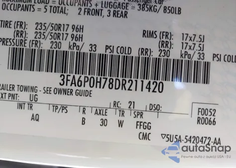 2013 Ford Fusion Se из США, поврежденный, VIN 3FA6P0H78DR211420
